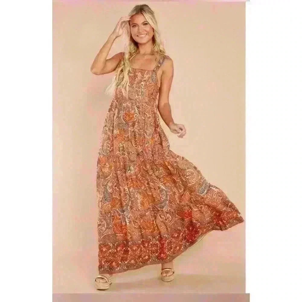 Alejandra Orange Paisley Tiered Maxi Dress Band of the free gypsies boho large